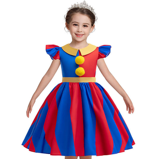 Girls Pomni Dress Daily Cosplay Costume Pomni Casual Dress with Gloves Halloween Party Outfit