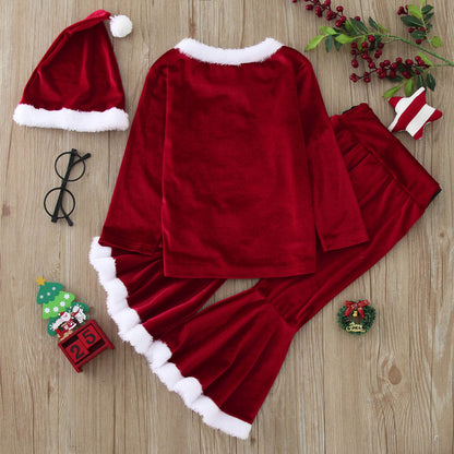 Costume de Noël 3 pièces pour tout-petits, hauts en velours, pantalon, chapeau, tenue de petit Père Noël pour filles