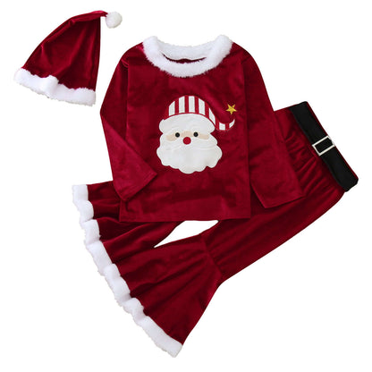 Costume de Noël 3 pièces pour tout-petits, hauts en velours, pantalon, chapeau, tenue de petit Père Noël pour filles