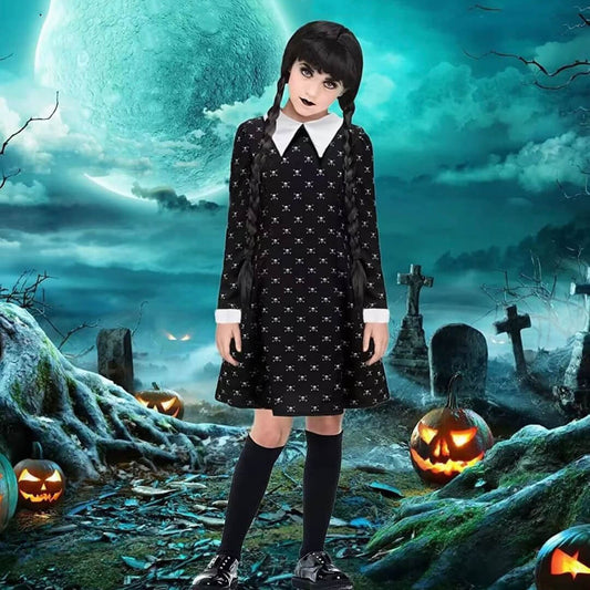 Girls Wednesday Addams Costume White Peter Pan Collar Wednesday Dress and Wig