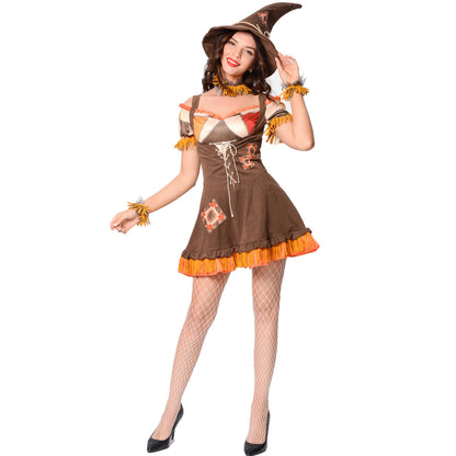 Women‘s Scarecrow Costume Adult Sexy Costume Off Shoulder Lace-up Mini Dress