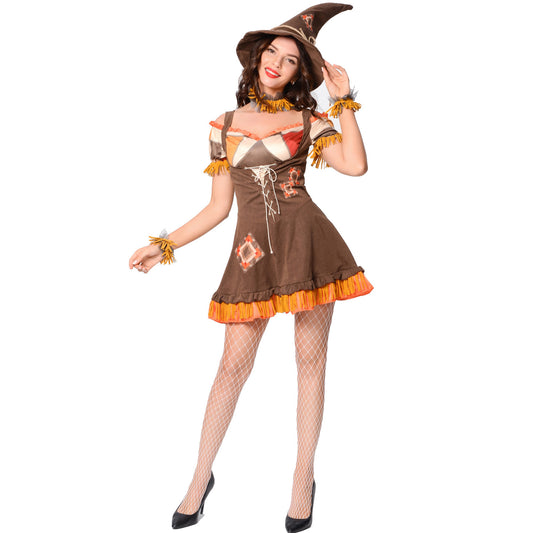 Women‘s Scarecrow Costume Adult Sexy Costume Off Shoulder Lace-up Mini Dress