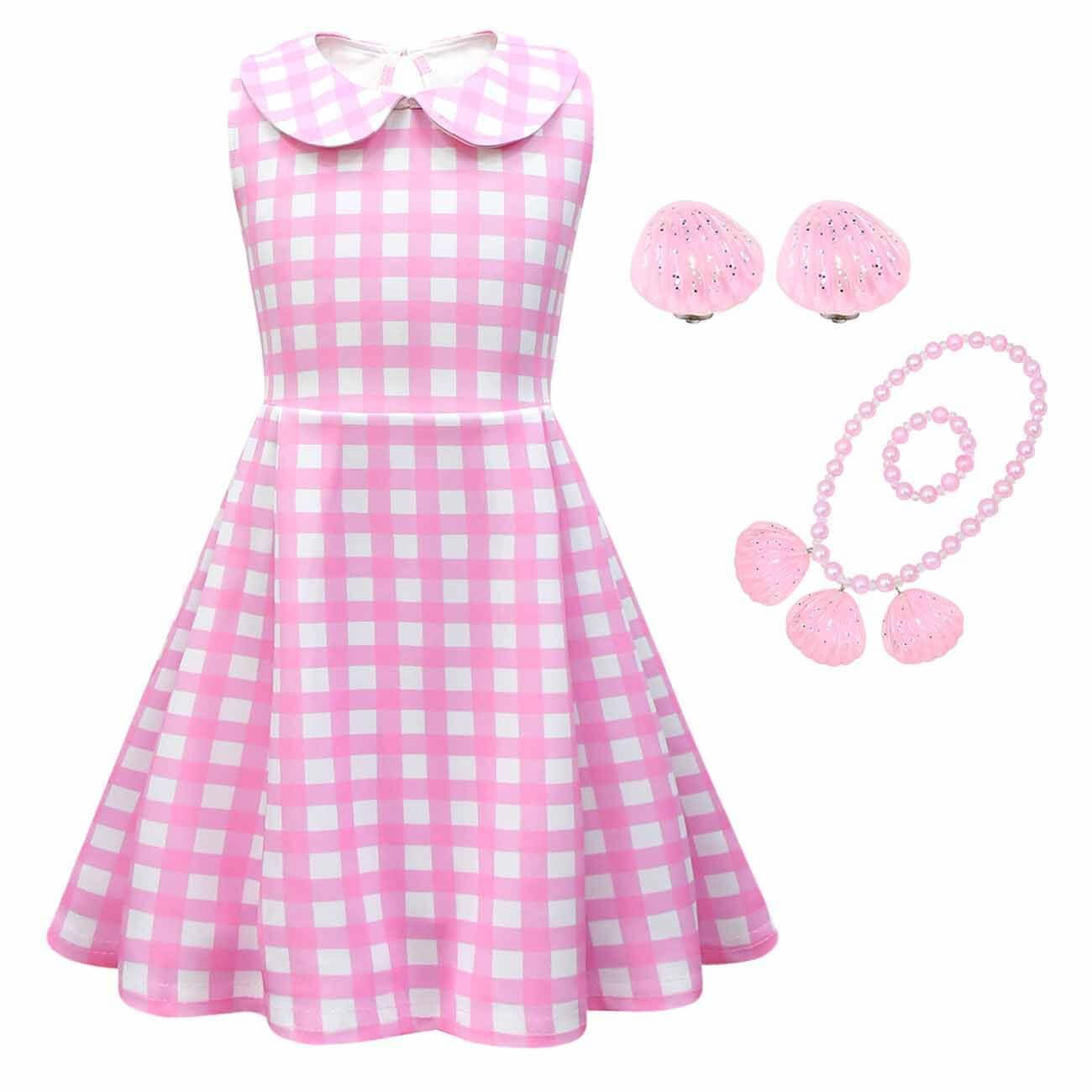 Vestido a cuadros rosa sin mangas para niñas, conjunto de fiesta con accesorios, disfraz de Halloween para niñas