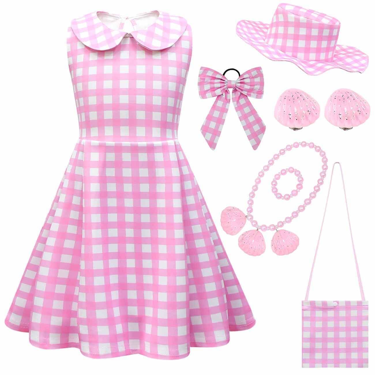 Vestido a cuadros rosa sin mangas para niñas, conjunto de fiesta con accesorios, disfraz de Halloween para niñas