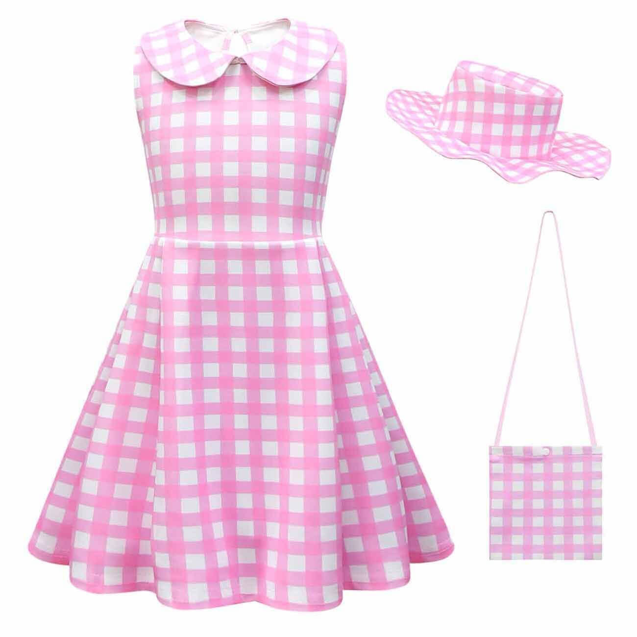 Vestido a cuadros rosa sin mangas para niñas, conjunto de fiesta con accesorios, disfraz de Halloween para niñas