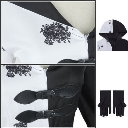 Black and White Dress Halloween Costume with Hood and Gloves