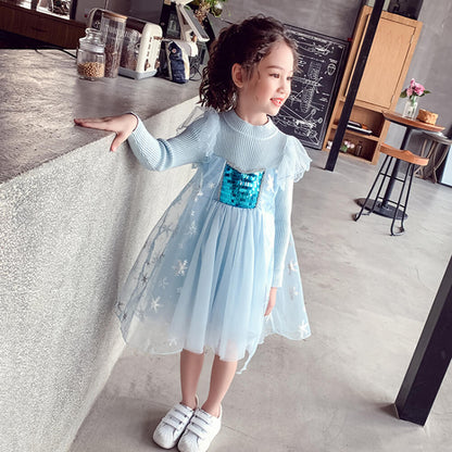 Little Girls Winter Princess Dress Snowflake fluffy Sweater Dresses 3-9 Years