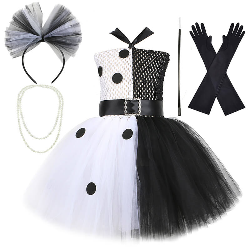 Girls Halloween Costume Sleeveless Color Blocking Tutu Dress Props Black Spot Lace Up Outfit