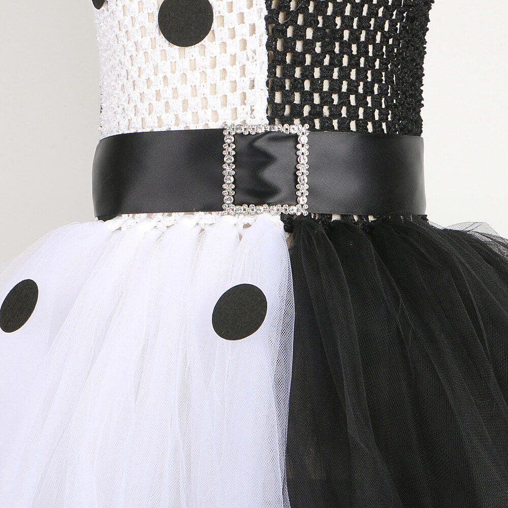 Girls Halloween Costume Sleeveless Color Blocking Tutu Dress Props Black Spot Lace Up Outfit