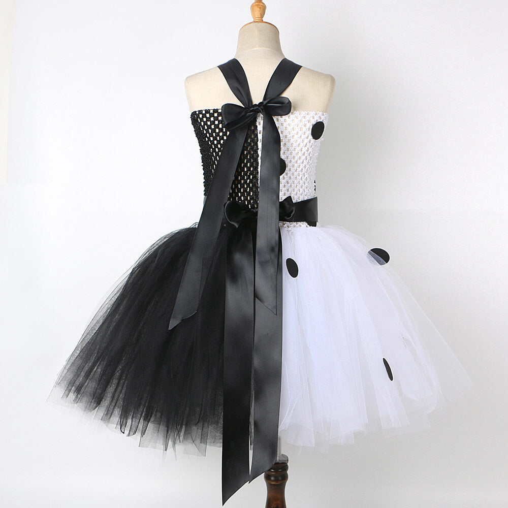Girls Halloween Costume Sleeveless Color Blocking Tutu Dress Props Black Spot Lace Up Outfit