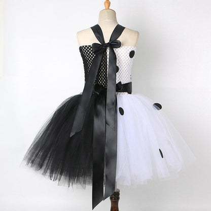 Girls Halloween Costume Sleeveless Color Blocking Tutu Dress Props Black Spot Lace Up Outfit