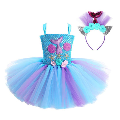 Robe tutu sirène pour enfants avec cerceau de cheveux Robe de princesse Ariel Petite sirène Costume de cosplay quotidien