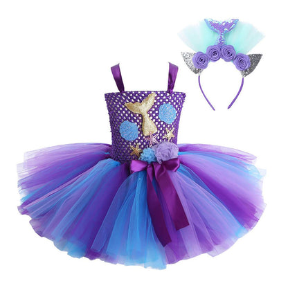 Robe tutu sirène pour enfants avec cerceau de cheveux Robe de princesse Ariel Petite sirène Costume de cosplay quotidien