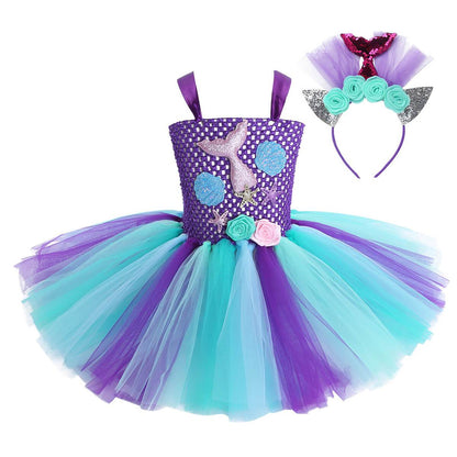 Robe tutu sirène pour enfants avec cerceau de cheveux Robe de princesse Ariel Petite sirène Costume de cosplay quotidien