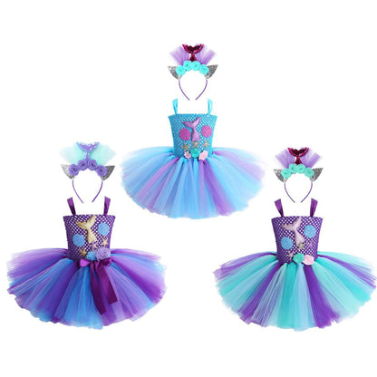 Robe tutu sirène pour enfants avec cerceau de cheveux Robe de princesse Ariel Petite sirène Costume de cosplay quotidien