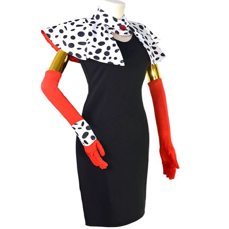 Robe de Cosplay Cruella Deville avec Gants et Cape Ensemble Complet Déguisement d'Halloween les 101 Dalmatiens