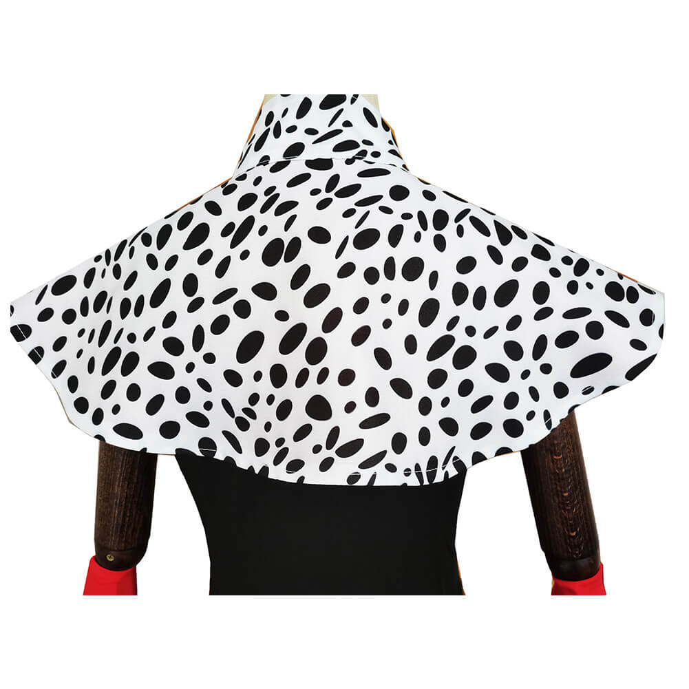 Robe de Cosplay Cruella Deville avec Gants et Cape Ensemble Complet Déguisement d'Halloween les 101 Dalmatiens