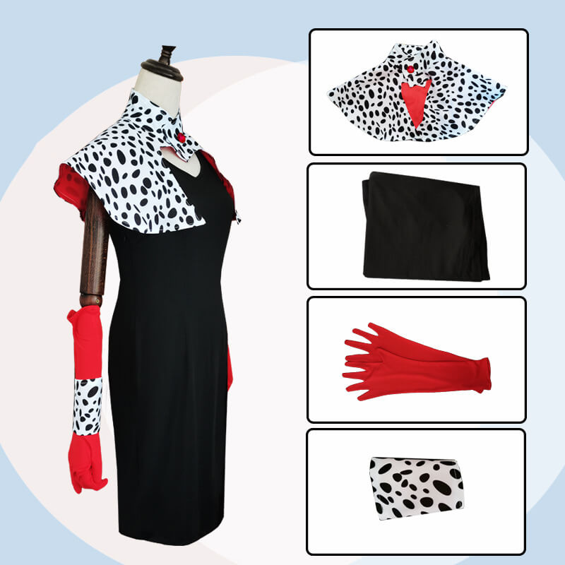Robe de Cosplay Cruella Deville avec Gants et Cape Ensemble Complet Déguisement d'Halloween les 101 Dalmatiens