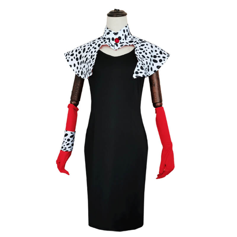 Robe de Cosplay Cruella Deville avec Gants et Cape Ensemble Complet Déguisement d'Halloween les 101 Dalmatiens