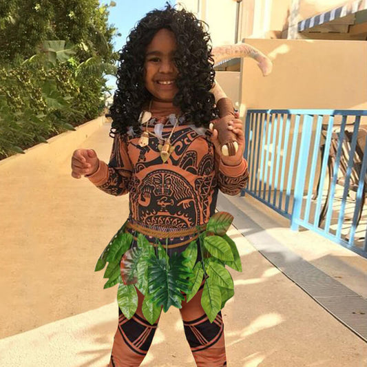 Moanna Maui Costume Boys/Man Halloween Cosplay Tattoo Shirt and Pants with Leaves Skirt