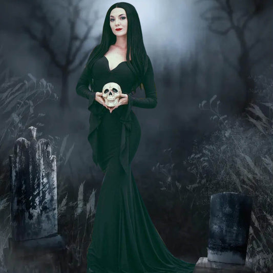 Morticia Addams Costume Floor Length Adult Evening Gown Black Gothic Dress