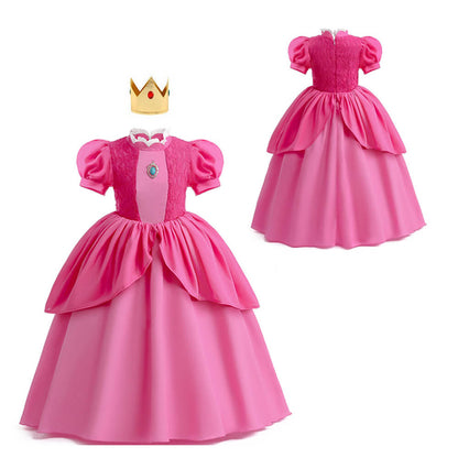 Robe de princesse Peach pour filles, costume de bal de fête avec couronne, manches bouffantes, déguisements