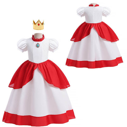 Robe de princesse Peach pour filles, costume de bal de fête avec couronne, manches bouffantes, déguisements