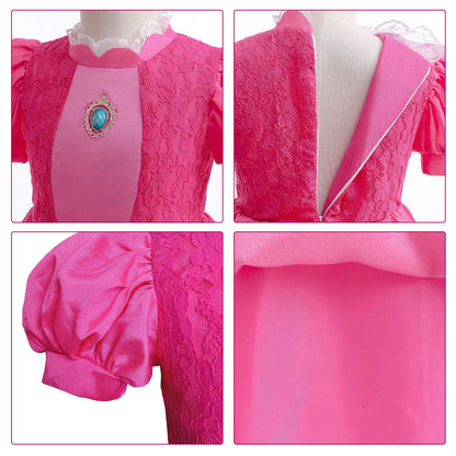 Robe de princesse Peach pour filles, costume de bal de fête avec couronne, manches bouffantes, déguisements