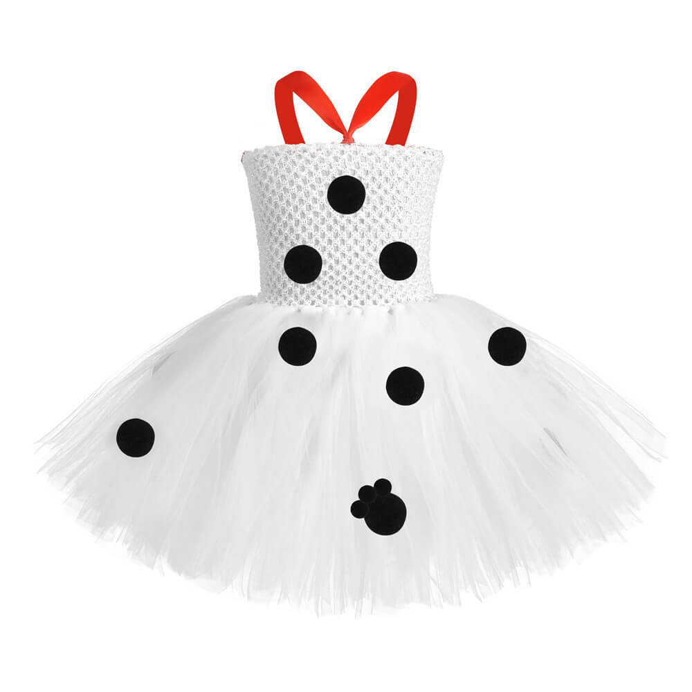 Childrens Cruella Costume Girls White Polka Dot Tutu Dress with Headband