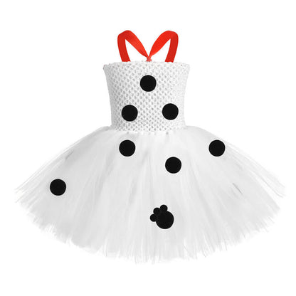 Childrens Cruella Costume Girls White Polka Dot Tutu Dress with Headband