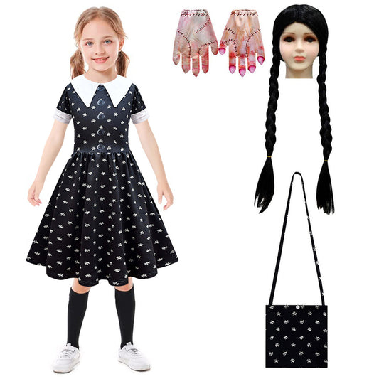 Girls Wednesday Dress Kids Wednesdays Addams Costume Wednesday Wig Gloves Bag for Cosplay 4-12 Years
