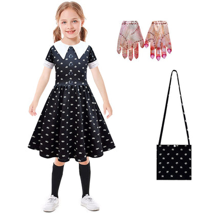 Girls Wednesday Dress Kids Wednesdays Addams Costume Wednesday Wig Gloves Bag for Cosplay 4-12 Years