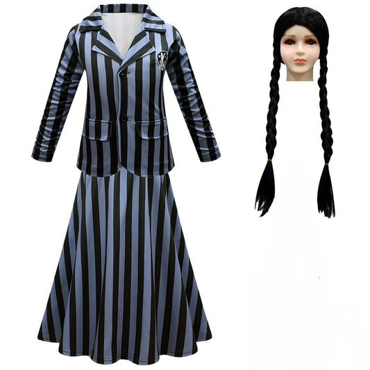 Wednesday School Uniform Girls Nevermore Academy Costume Wednesday Pleated Skirt Stripes Outfit for Halloween Party