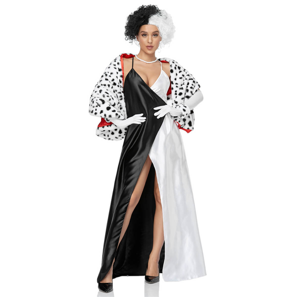 Adult Devil Costume Sexy Slip Dress Women High Split Maxi Dresses Dress with Cloak Gloves and Wig