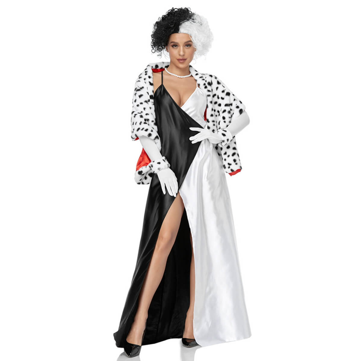 Adult Devil Costume Sexy Slip Dress Women High Split Maxi Dresses Dress with Cloak Gloves and Wig