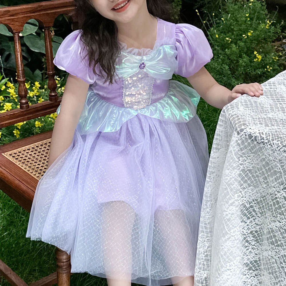 Vestido de la Sirenita con mangas abullonadas y lentejuelas brillantes, vestido tutú de sirena para niñas, vestido de cumpleaños