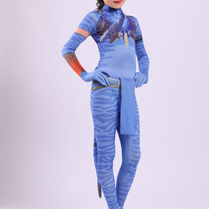 Kids Neytiri and Jake Sully Costume The Way of Water Jumpsuit Tight Bodysuit with Tail for Halloween
