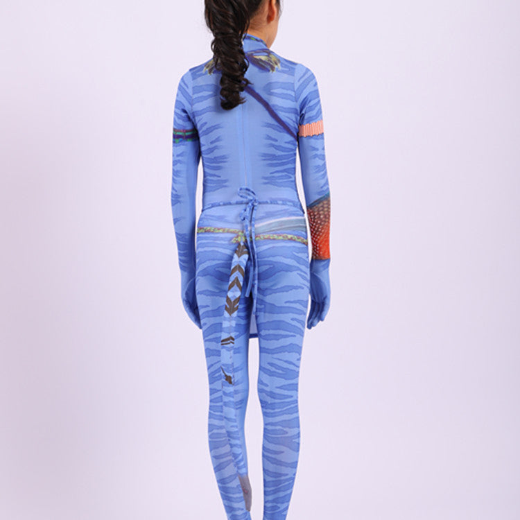 Kids Neytiri and Jake Sully Costume The Way of Water Jumpsuit Tight Bodysuit with Tail for Halloween