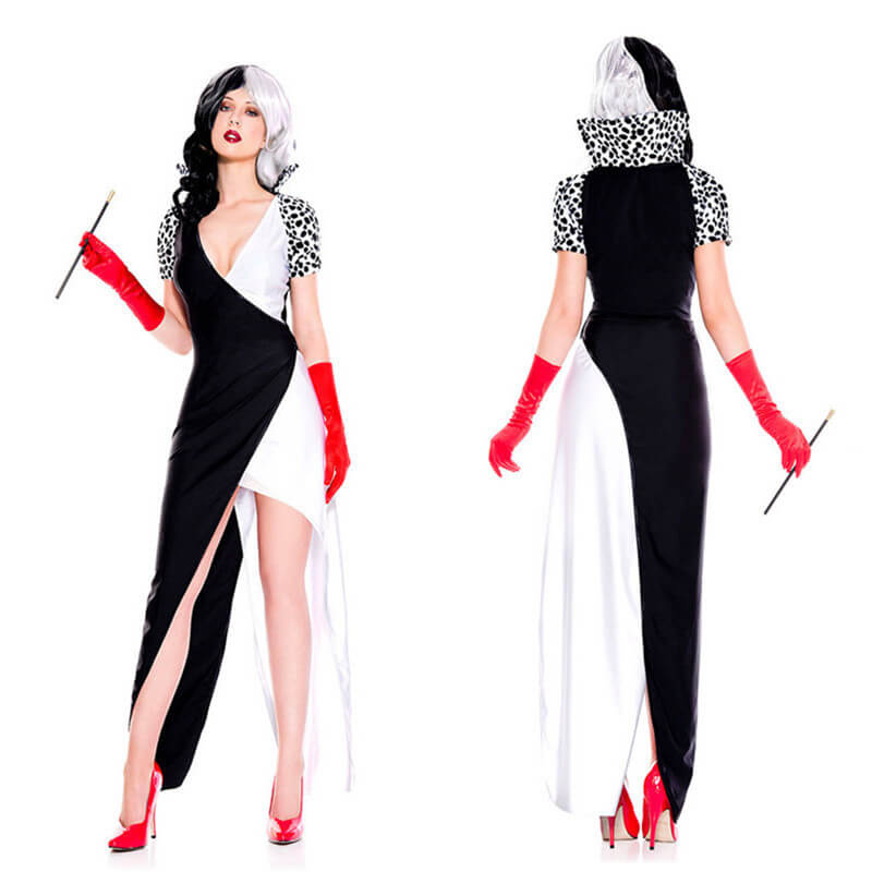Women Cosplay Costume High Split Sexy Maxi Dresses and Red Gloves 2pcs Suit for Halloween Cosplay