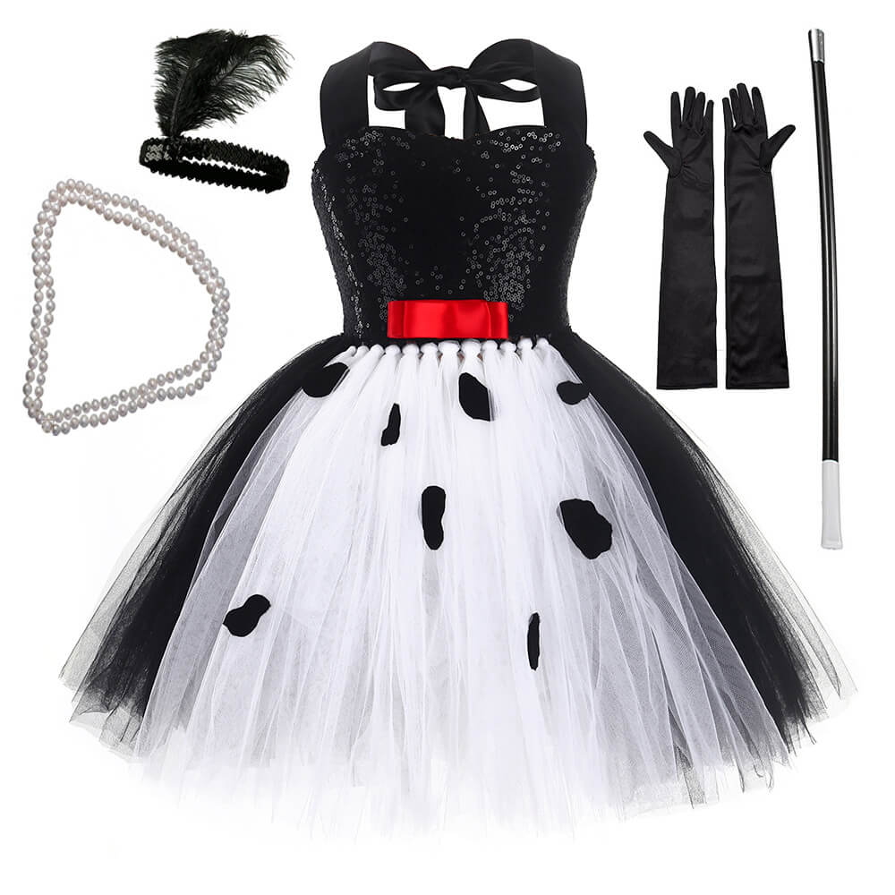 Robe de Soirée sans Manches à Épaule Dénudée avec Accessoires de Costume de Sorcière Blanc/Noir pour Filles pour Halloween Carnaval