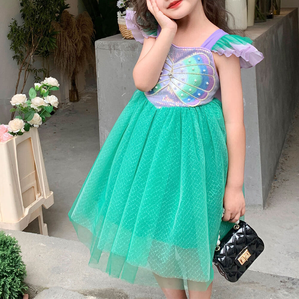 Robe Petite Sirène pour Enfants, Costume de Princesse Ariel, Robe Tutu Multicouche à Manches Volantes