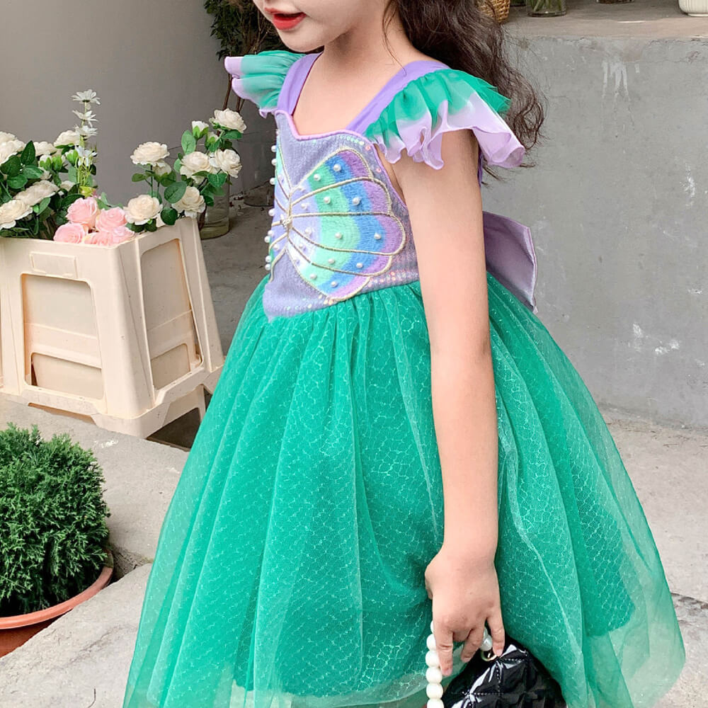 Robe Petite Sirène pour Enfants, Costume de Princesse Ariel, Robe Tutu Multicouche à Manches Volantes