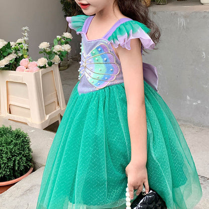 Robe Petite Sirène pour Enfants, Costume de Princesse Ariel, Robe Tutu Multicouche à Manches Volantes