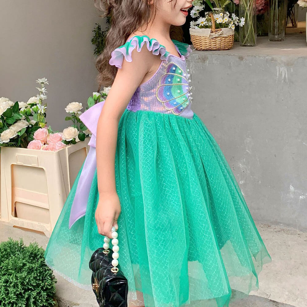 Robe Petite Sirène pour Enfants, Costume de Princesse Ariel, Robe Tutu Multicouche à Manches Volantes