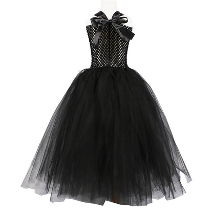Girls Witch Costume Black Devil Dress With Feather Cape and Horns Headband for Halloween Cosplay