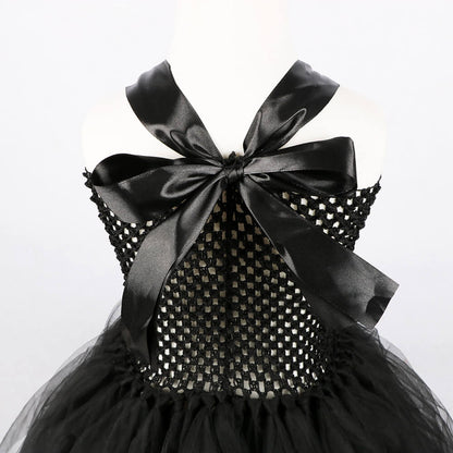 Girls Witch Costume Black Devil Dress With Feather Cape and Horns Headband for Halloween Cosplay