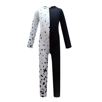 Kids Black/ White Costume Halloween Spotted Jumpsuit with Cloak Full Set for Cosplay