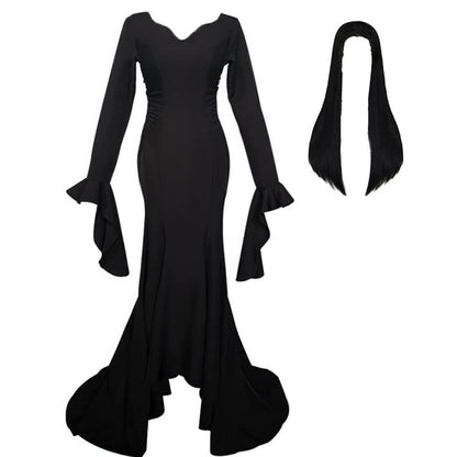 Morticia Addams Costume Floor Length Adult Evening Gown Black Gothic Dress