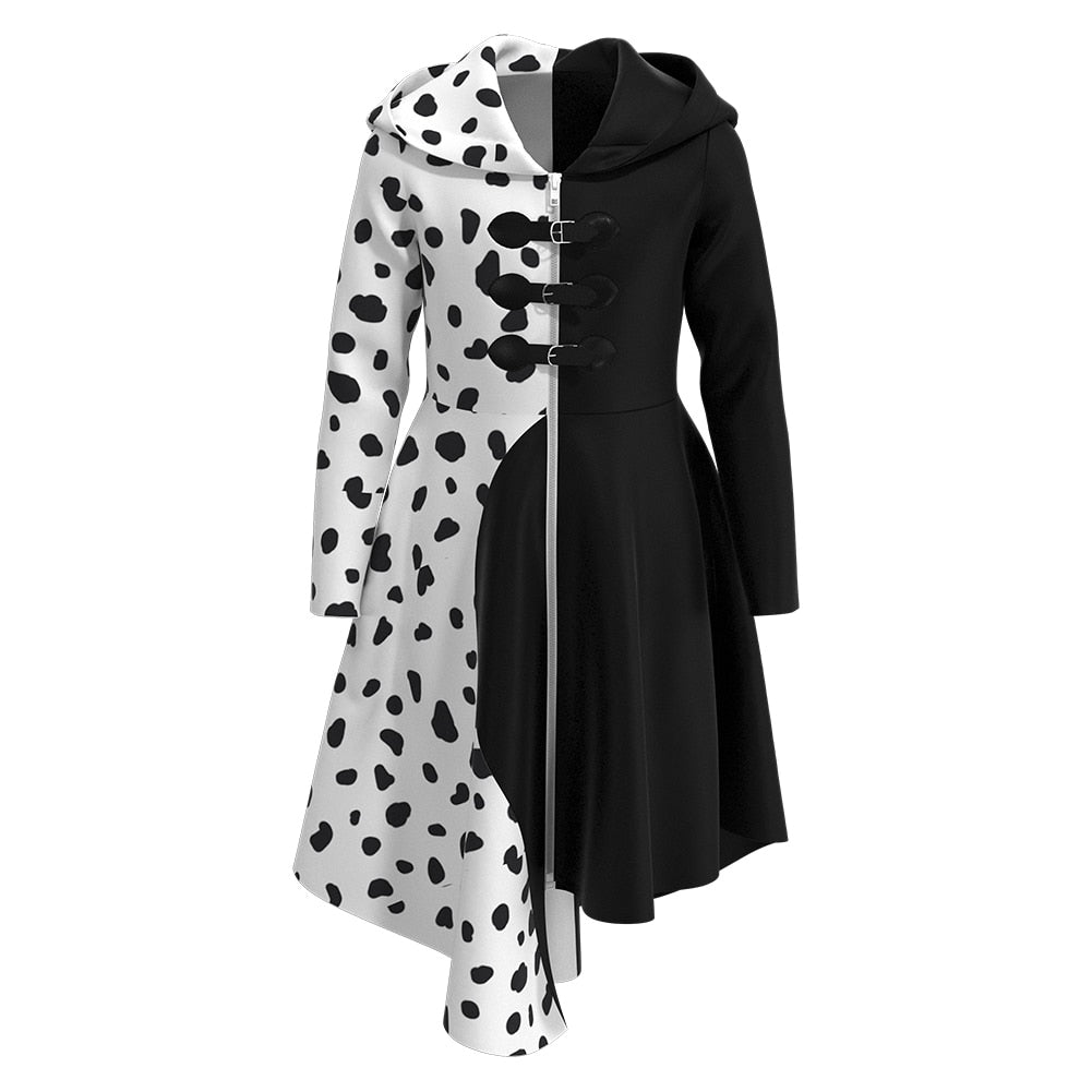 Disfraz de Cruella Deville Chaqueta y Vestido Blancos y Negros con Capucha Traje de Cosplay de Halloween