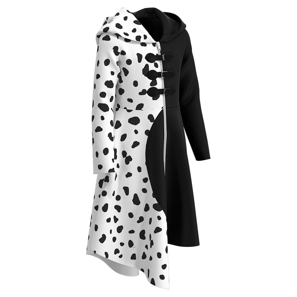 Disfraz de Cruella Deville Chaqueta y Vestido Blancos y Negros con Capucha Traje de Cosplay de Halloween
